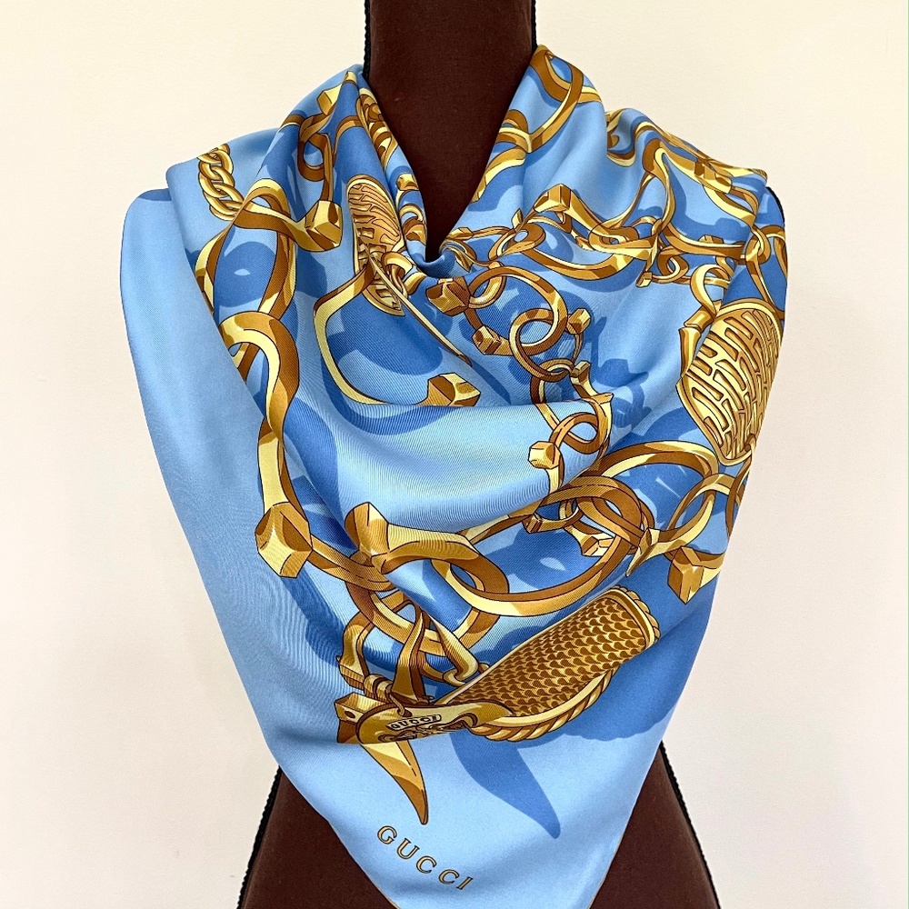 Display # 1 Gucci Scarf Gold Chain Blue Silk Wrap